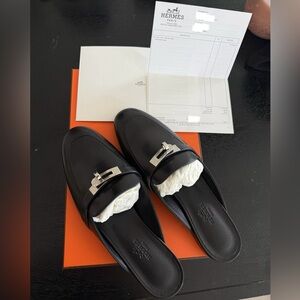 Hermes Black Leather Women's Loafers with Silver Accents size 38